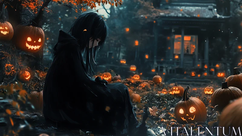 Gentle Halloween night wraps a quiet girl in pumpkin light