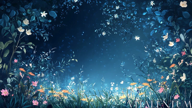 Night garden clearing shows dense flowers and starry sky