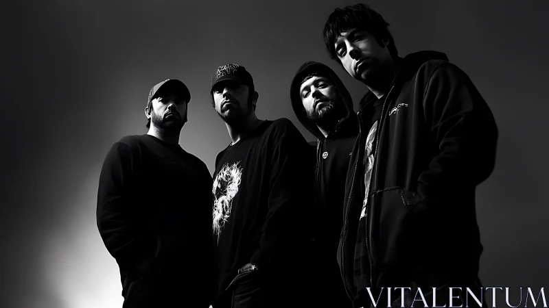 United bandmates stand together in bold black and white light.