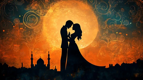 Silhouetted couple silhouette against massive celestial moon with ornamental baroque architectural f