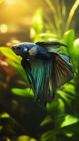 Iridescent betta fish glides through softly backlit aquatic flora