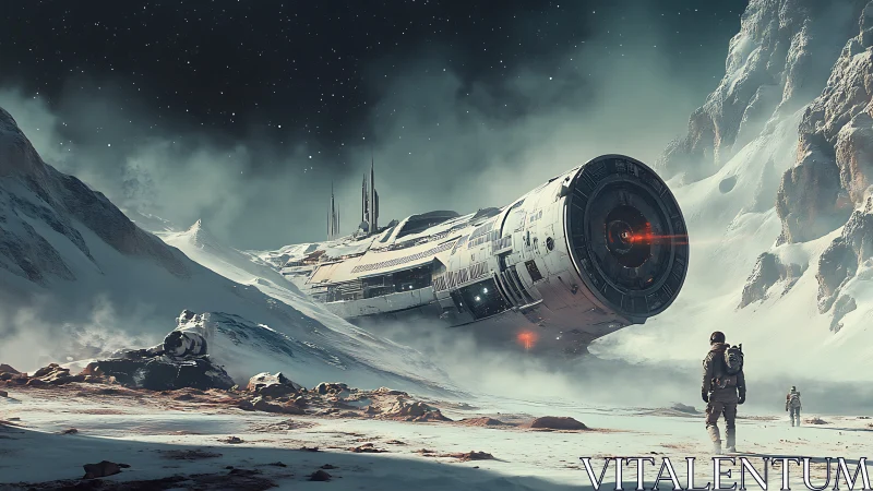 Massive crashed starship dominates a frozen alien canyon.