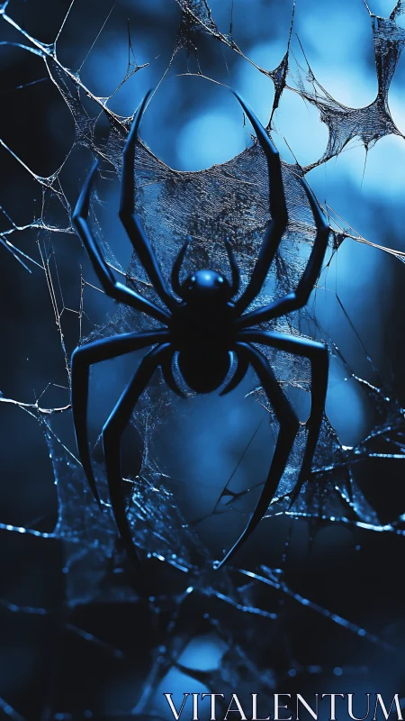 Midnight spider silhouette on icy blue cobweb strands.