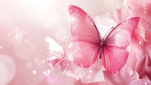 Pink butterfly illustration over soft abstract floral background.
