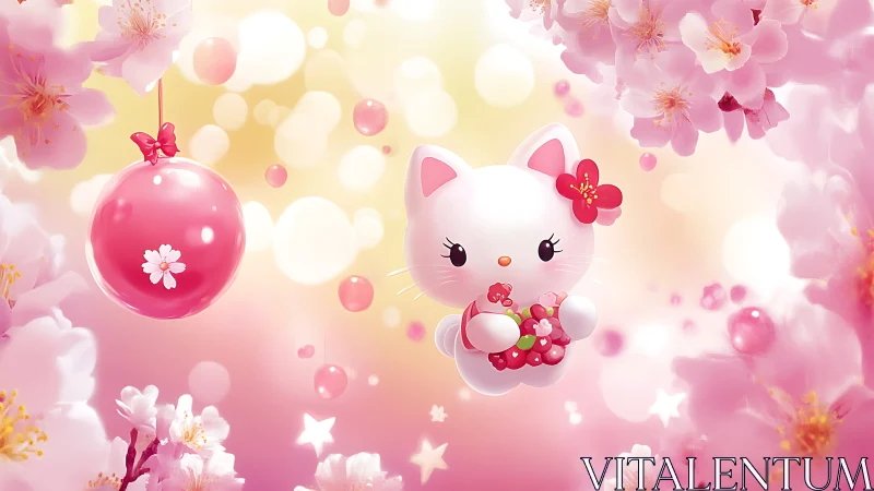 Chibi white cat mascot floats among glossy sakura blossoms and bokeh