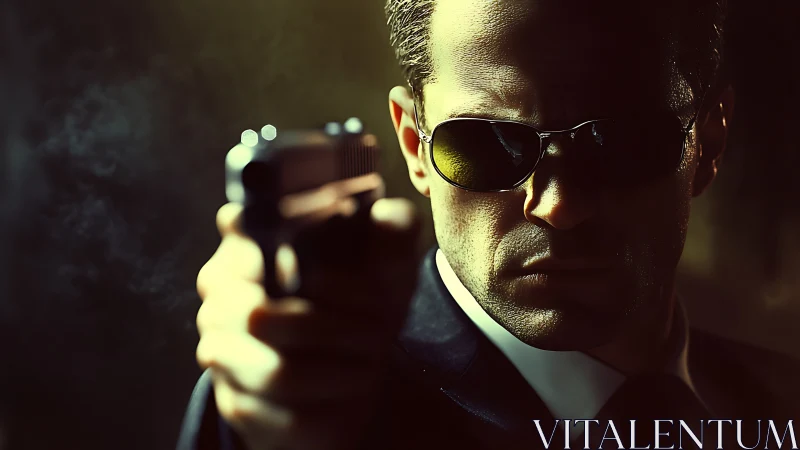 Tense suited agent framed in moody cinematic close-up.