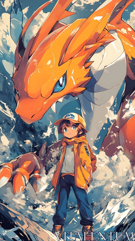 Boy and orange dragon rendered in dynamic anime composition