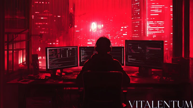 Hooded programmer in red neon city office at night.