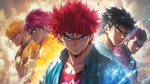 Intense anime team portrait with elemental light and dynamic focus
