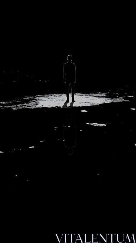 Silhouetted wanderer balances between darkness and reflection