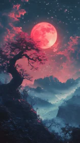 Digital painting of crimson moon above misted fantasy valley.