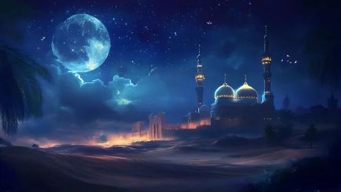 Moonlit desert mosque glows under a luminous starry sky.