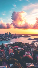 Sydney harbour skyline under vivid pastel sunset clouds.