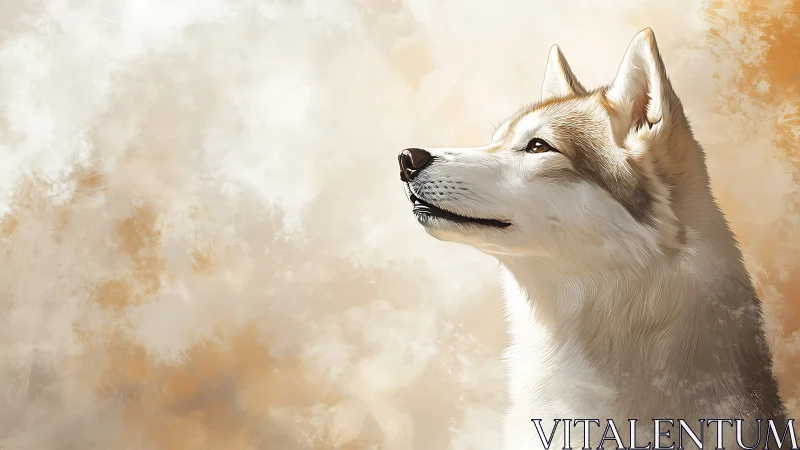Gentle husky gazing toward soft golden light with calm hope.