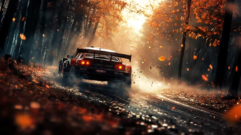 Autumn apex hero: rally car carving light through leaves.