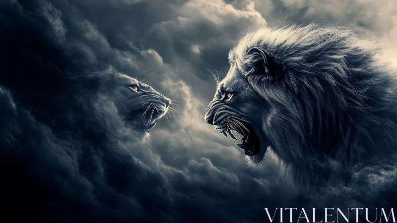 Celestial Feline Confrontation: Ethereal Lions Against Stormy Skies.