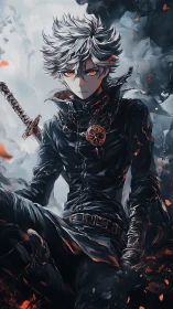 Storm-eyed rogue on a smoldering dusk battlefield.