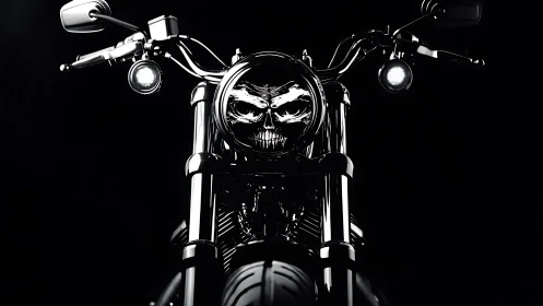 Low-key frontal motorcycle portrait with skull-integrated headlamp