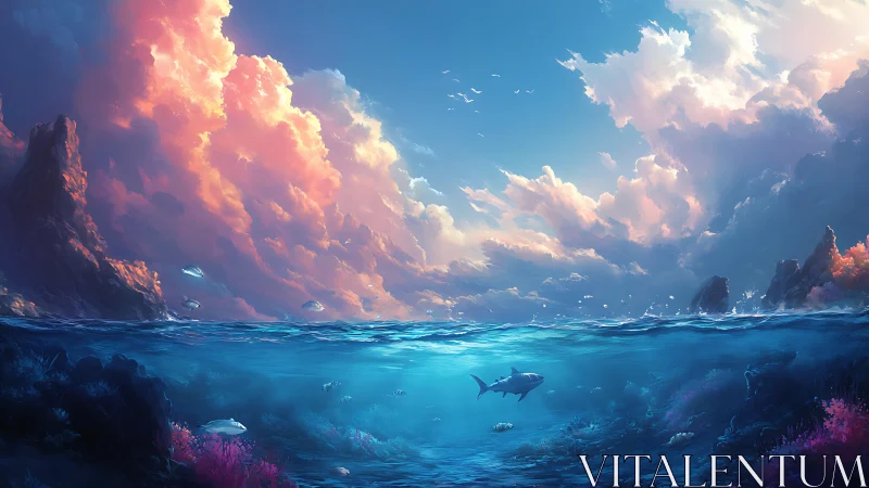 Skyfire clouds and sapphire reef beneath a shared horizon.