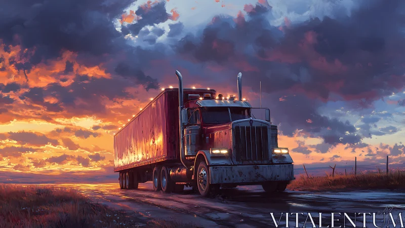 Highway titan idles beneath a wildfire sky at sundown