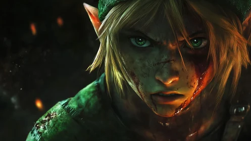 Battle-scarred elf warrior glaring through embers of fury.