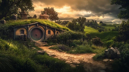 Sunlit hillside hobbit dwelling with circular door and stone path