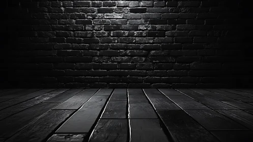 Moody black brick wall and reflective floor in low key lighting