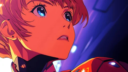 Anime pilot close-up under neon rim lighting, startled gaze