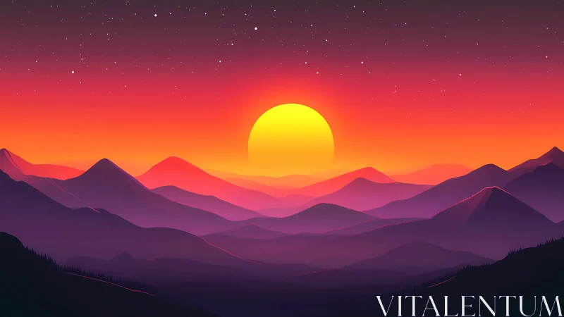 Layered mountain horizon with stylized sunset and stars.