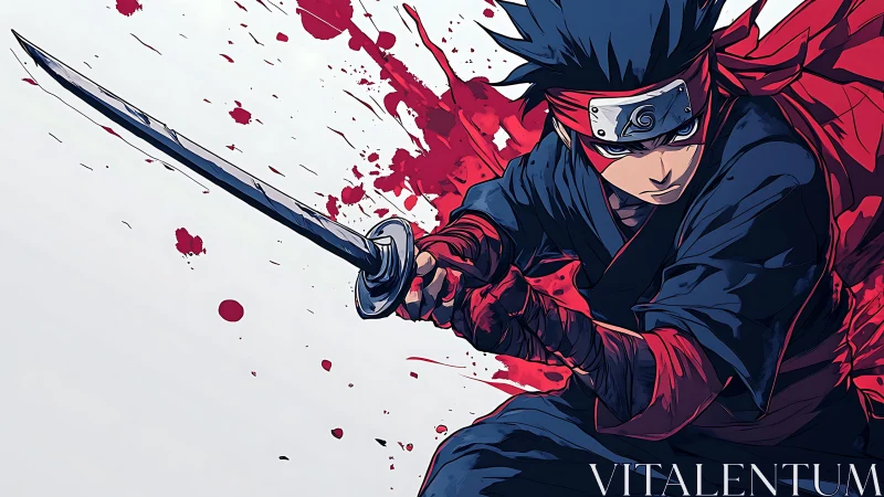 Sword-wielding ninja in lateral stance with red splatter backdrop