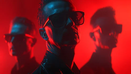 Triadic portrait isolates silhouettes under neon red keylight