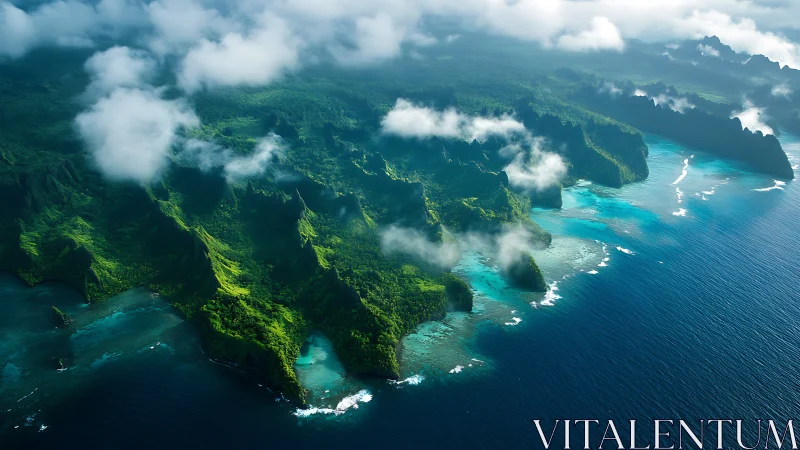 Aerial view of rugged volcanic coastline with dense vegetation
