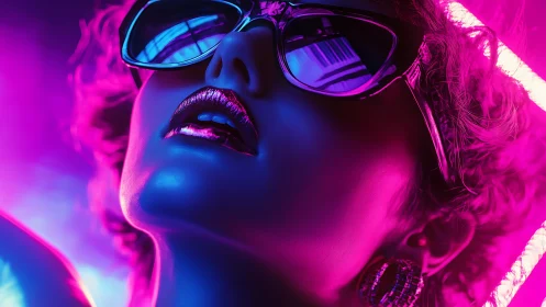 Neon-drenched portrait of woman in reflective sunglasses.