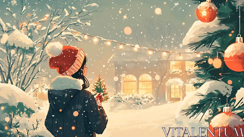 Snowlit girl and glowing Christmas courtyard of quiet wonder.