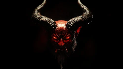 Horned demonic head rendered in red light on black field.