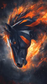 Inferno stallion erupts from stormlit embers and shadowed smoke.