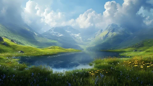 Serene alpine lake reflects sunlit mountains and lush meadows