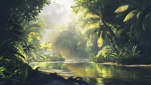 Tropical Jungle River. Golden Light Through Canopy