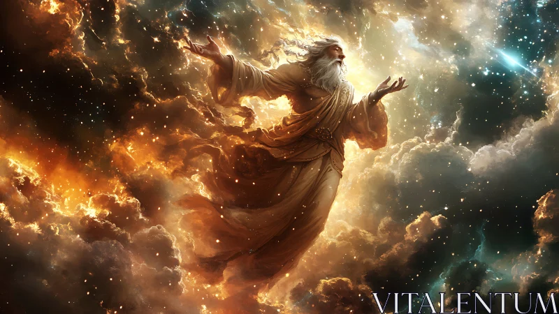 Ancient robed deity figure commands swirling cosmic clouds.