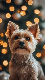 Yorkshire terrier gazes softly before warm holiday lights