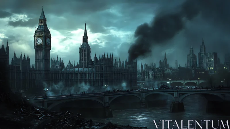 Post-apocalyptic Westminster skyline rendered in moody digital chiaroscuro