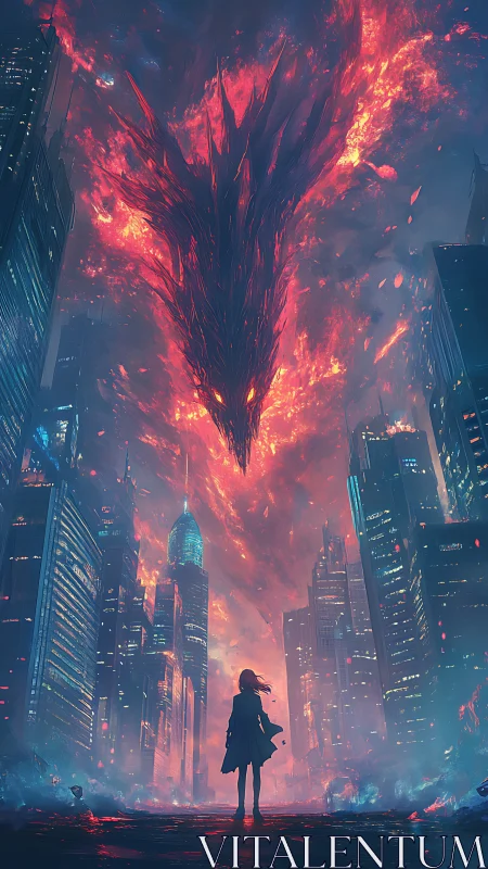 Lone figure confronts flaming dragon cloud above cityscape.