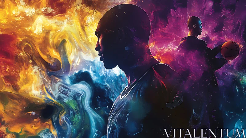 Bold basketball silhouettes glowing in swirling cosmic color.