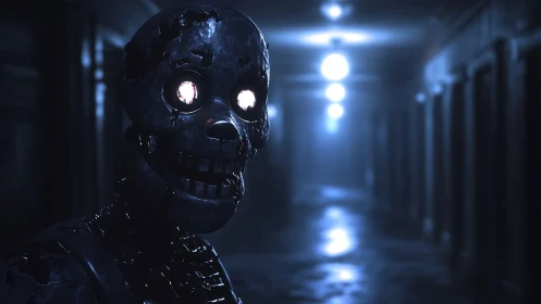 Haunted metal automaton stares down a dark corridor at night.