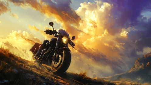 Motorcycle cuts blazing trail beneath storm-lit sunset sky.