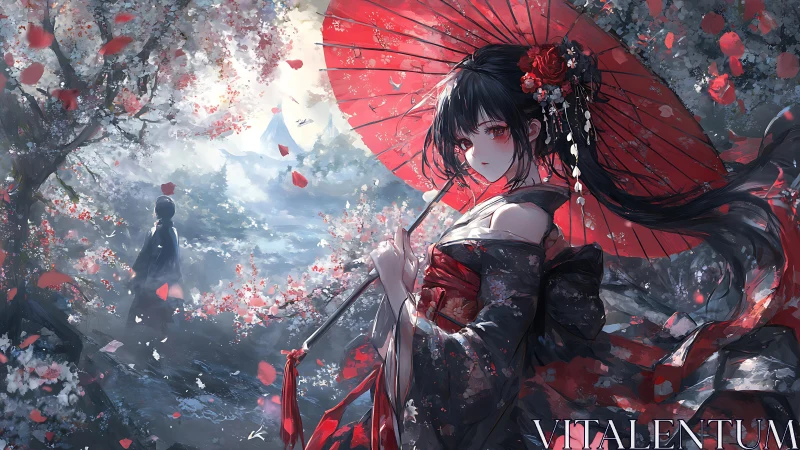 Cherry blossoms swirl as a quiet kimono daydream unfolds