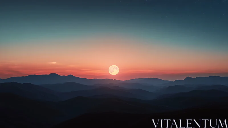 Lunar alignment over stratified mountain ridges at twilight.