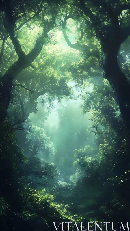 Mystical Forest Path Through Ancient Trees.