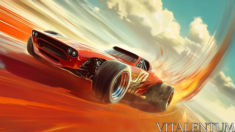 Red stylized race car on dynamic orange track in motion.