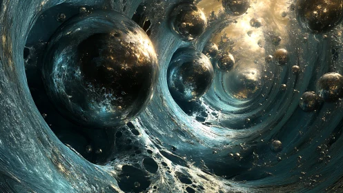 Cosmic orbs drifting through swirling liquid starlight.